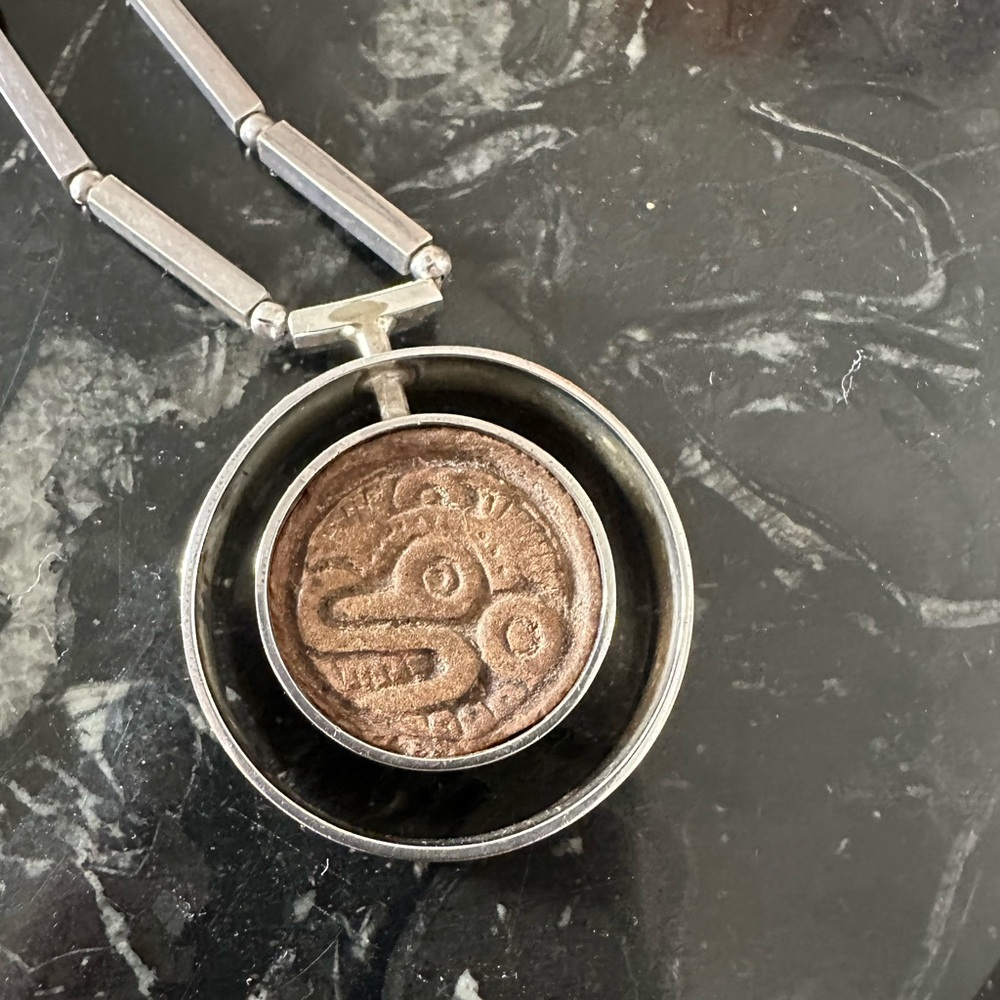 Vintage One of a Kind Los Castillo Pre-Colombian Clay Stamp Silver Necklace